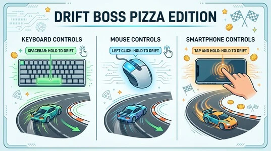 Drift Boss Pizza Edition controls for keyboard mouse and mobile
