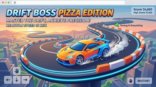 Drift Boss Pizza Edition browser gameplay with car drifting on winding track